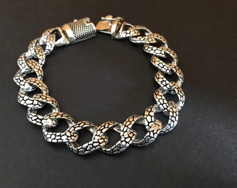 Stingray Texture Sterling Silver Link Bracelet - Handmade Mens Chain