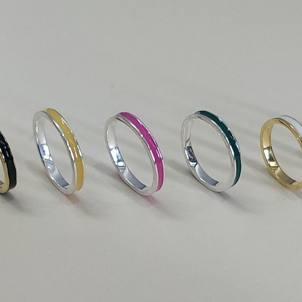 925 Sterling Silver Enamel Rings | Minimalist Enamel Band Ring | Multi - Color Enamel Rings | Silver Enamel Ring