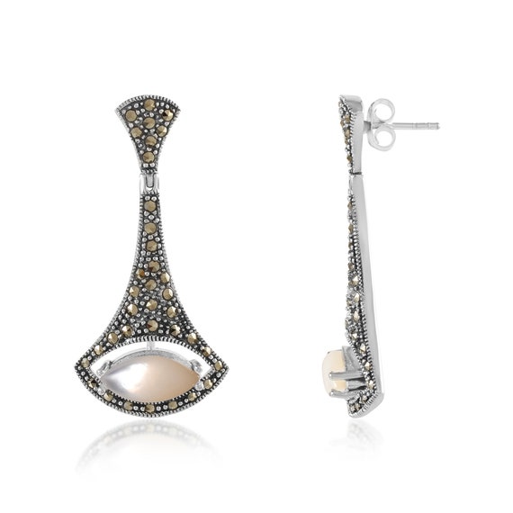 Moonstone Marcasite long kite openwork Art Deco Drop Earrings Sterling  silver Sterling Silver Earring Oxidized Earring ||