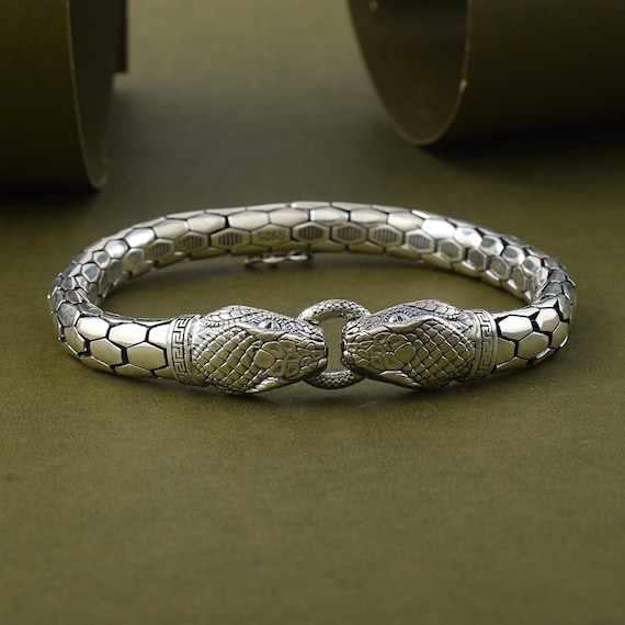 Sterling Silver Snake Bracelet | Double Headed Face | Men's Viking