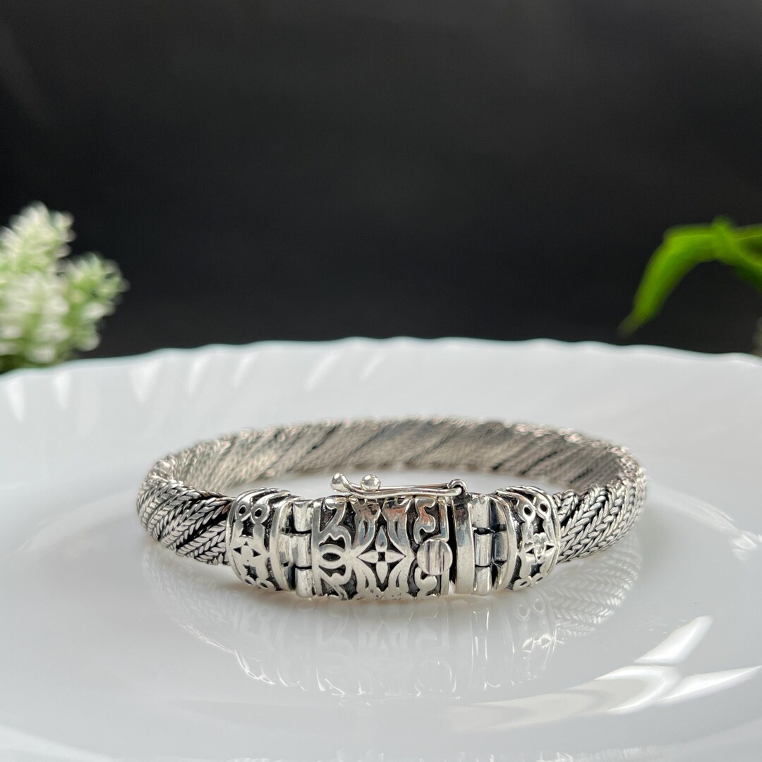 Oxidized Sterling Silver Weave Chain Bracelet - Art Deco Box Clasp