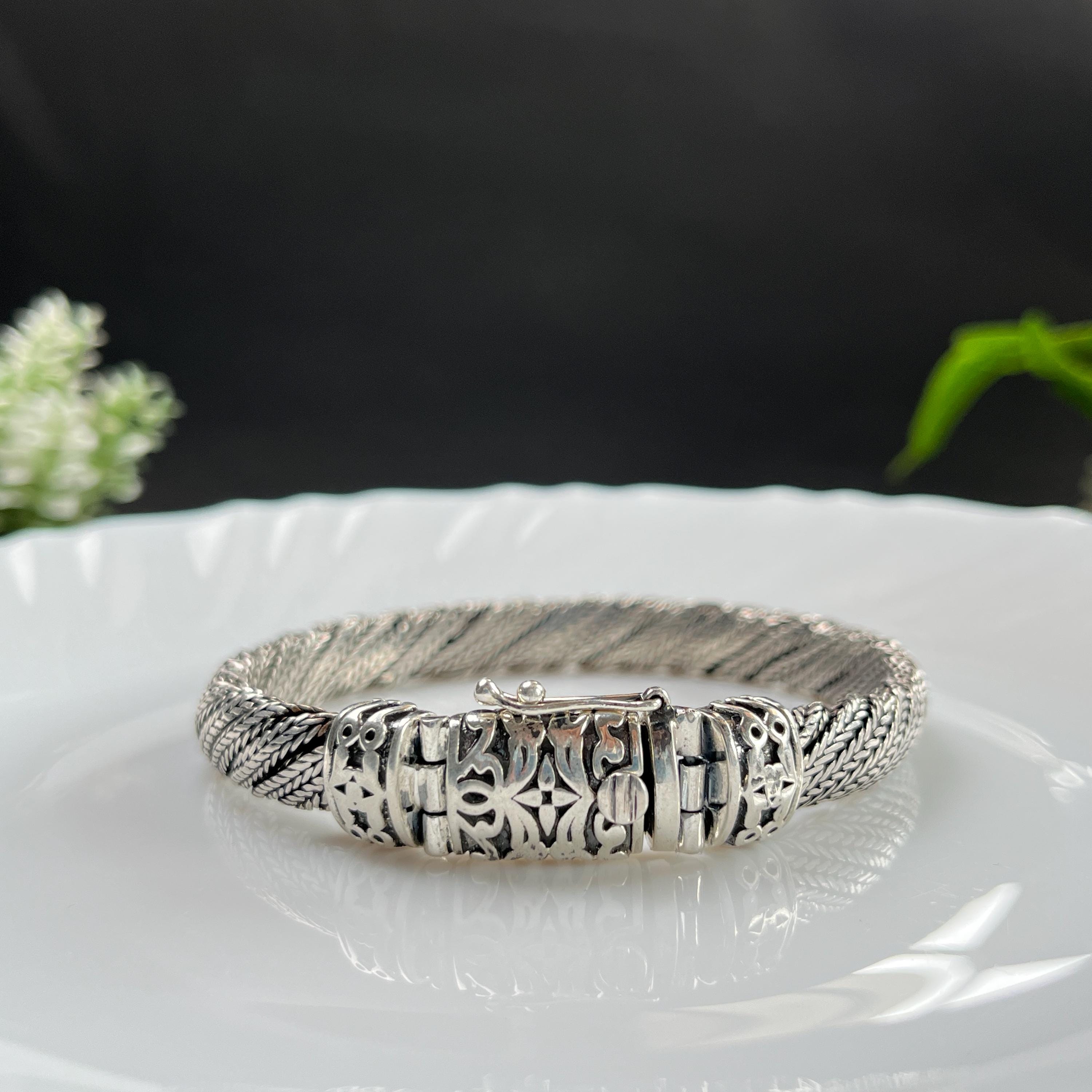 Oxidized Sterling Silver Weave Chain Bracelet - Art Deco Box Clasp