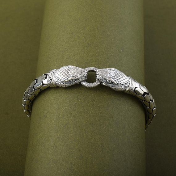 Sterling Silver Snake Bracelet | Double Headed Face | Men's Viking