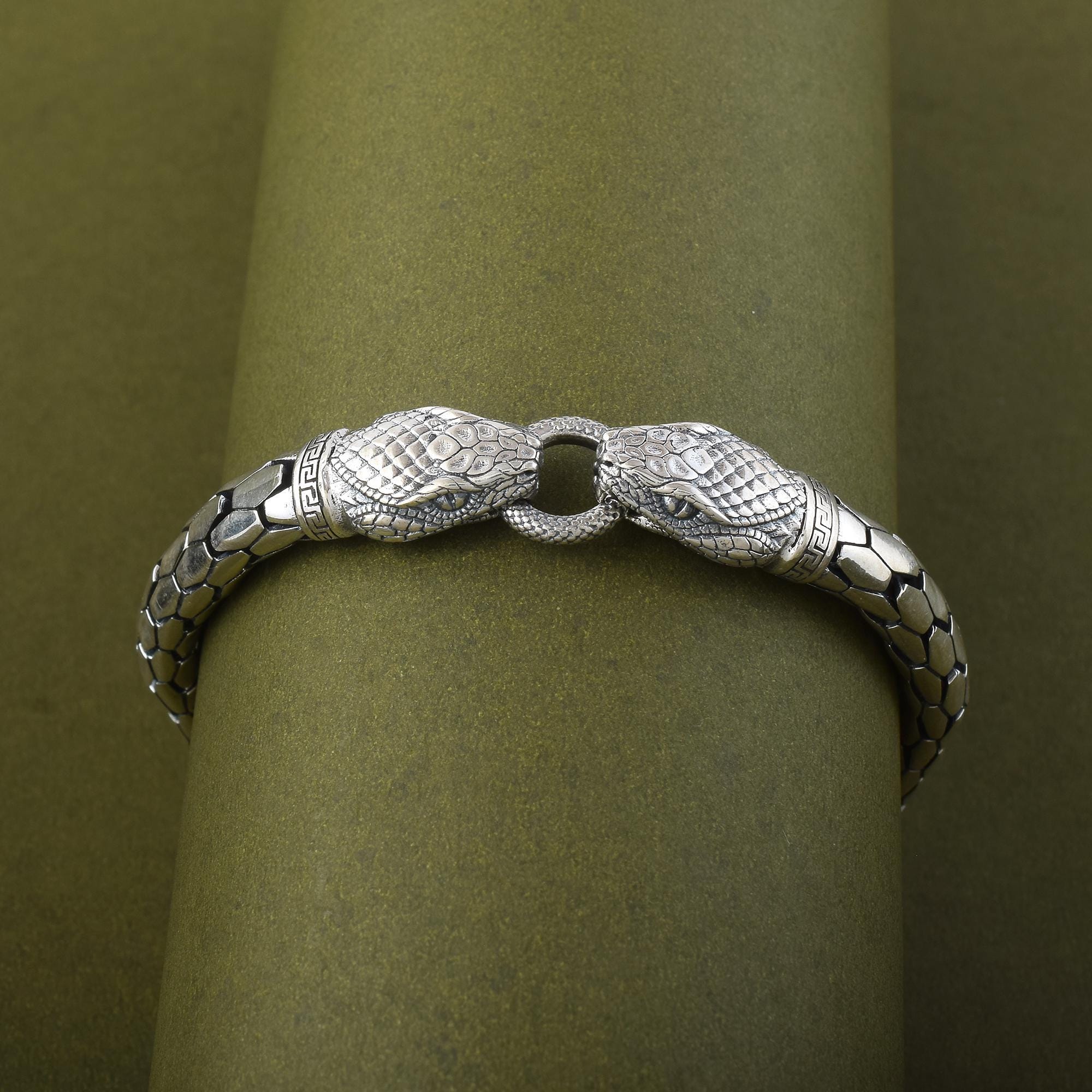 Sterling Silver Snake Bracelet | Double Headed Face | Men's Viking
