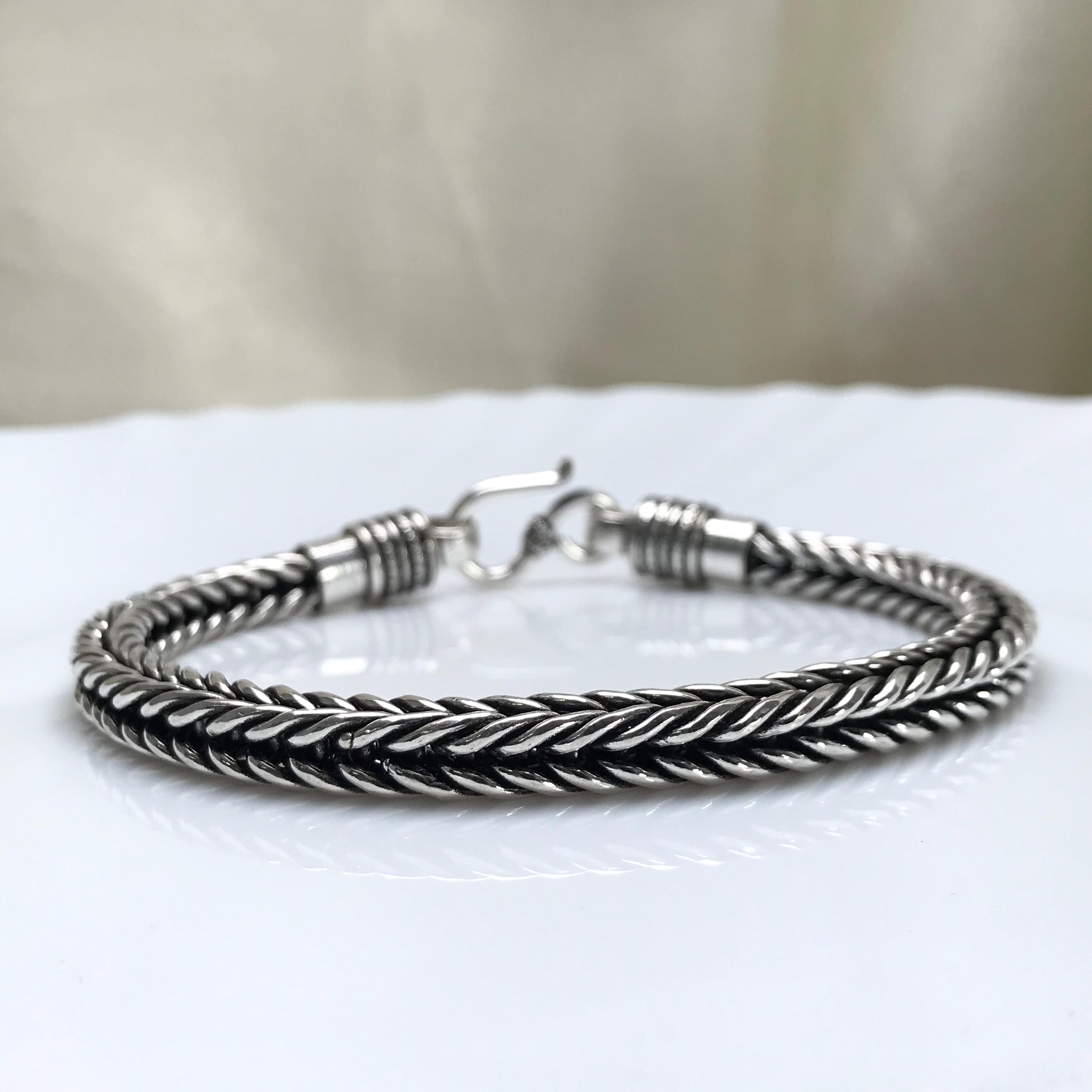 Men's 925 Sterling Silver Foxtail Bracelet, 6mm Oxidized Bali