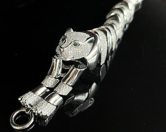 Sterling Silver Panther Bracelet: CZ Green Eyes, Bold Animal Jewelry