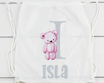 Personalised Bear alphabet gym bag, School bag, PE kit Drawstring Bag baby changing bag Blue Blear Brown Bear Pink Bear back to school
