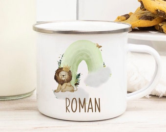 Personalised Enamel Camping style Mug Lion Safari Elephant rainbow cup