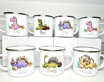 Personalised Dinosaur Enamel Mug - Kids Camping Cup children's dino gift Christmas Xmas Eve cup