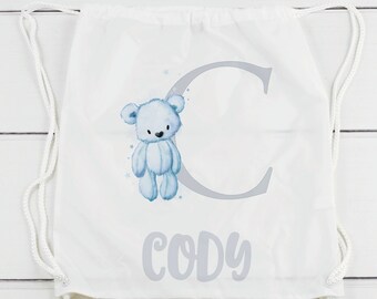 Personalised Bear alphabet gym bag, School bag, PE kit Drawstring Bag baby changing bag back to school