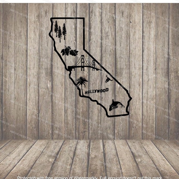 California Landmarks Map Digital File, State,map, cricut files, laser files, T shirt, stickers, decals, geography