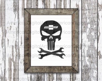 Punisher Chevy Mechanic SVG,PNG,JPG cut files, Chevrolet, car stickers, Dad, mechanic, tools, cricut files, laser cut file, skull, t shirt