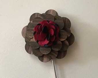 Mens Wood Rose Flower Accessory Burgundy Lapel Pins Navy Blue Brooches