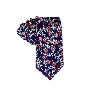 Burgundy floral on Navy Blue Cotton Tie Skinny Tie Wedding Necktie Wide Neckties Nectie Wedding Tie. Burgundy Groomsmen Gift for Wedding
