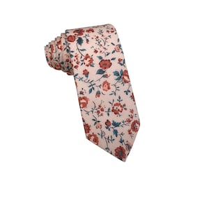 Pink Floral Cotton Skinny Tie: Wedding Groomsmen Necktie