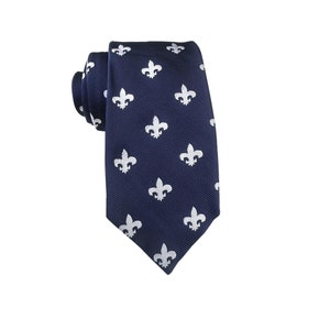Navy Blue Fleur De Lis Skinny Tie Mans Novelty Necktie Flower Print Standard Ties