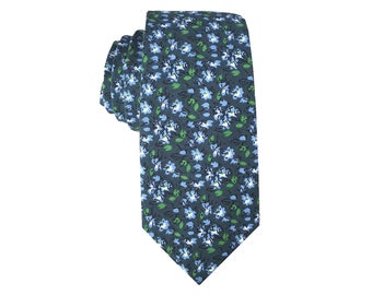 Navy Blue with Green Blue Floral Skinny Tie with matching Pocket Square Set| floral tie | flower necktie | wedding rose tie |groomsmen