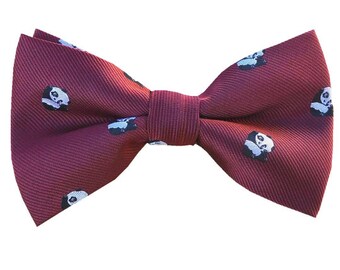 Burgundy Panda Pre tied Bow tie With Matching Pocket Square Mans Bowtie