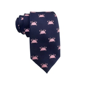 Navy Blue Skinny Tie: Pink Crab Print Novelty Necktie