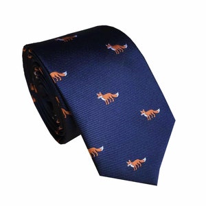 Dark Navy Blue Fox Skinny Tie Mans Novelty Necktie Animal Print Standard Ties
