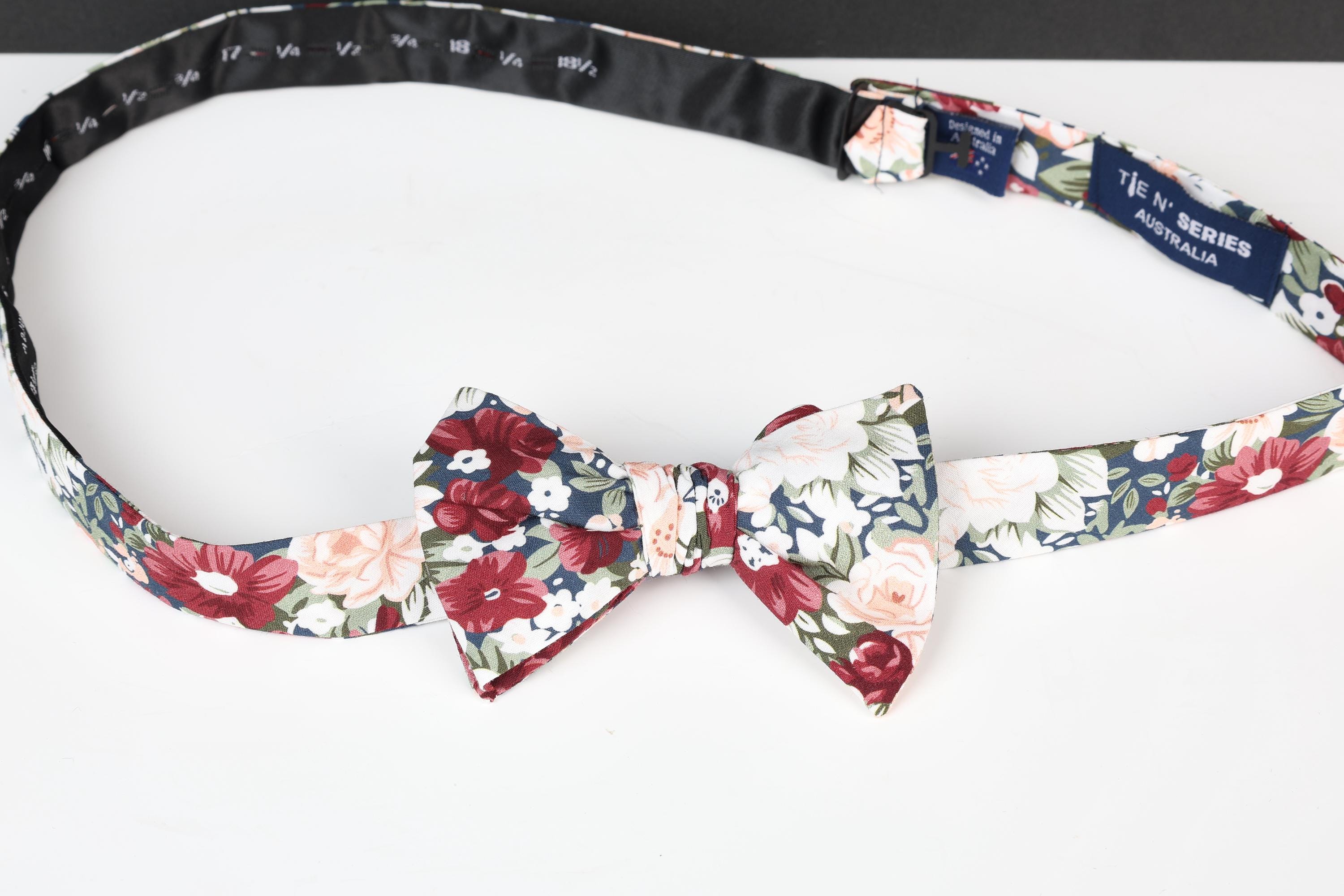 Navy with Burgundy and White Floral Cotton Self-tied Bow tie