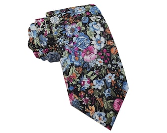 Handmade Black with blue floral  Skinny Tie Neck tie Cotton Neckties Mans Necktie Wedding Ties