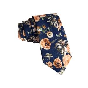 Navy Blue with Peach Floral Skinny Tie with matching Pocket Square Set| floral tie | Orange flower nectie | wedding rose tie |groomsmen