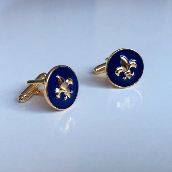 Boutons de manchette fleur de lys bleu saphir et or pour homme, cadeau d'anniversaire