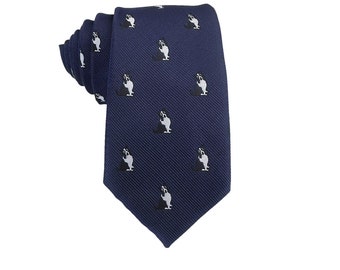 Cravatta sottile con stampa animalier e motivo Border Collie blu navy