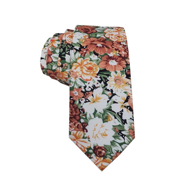 Rust white Green Floral Skinny Tie with matching Pocket Square Set| floral tie |Orange flower nectie | wedding rose tie |groomsmen