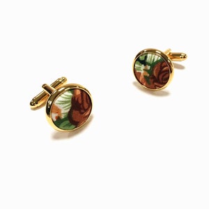 Orange with white green floral cufflinks Rose flower custom cufflink Floral Gold cufflinks Wedding Accessories