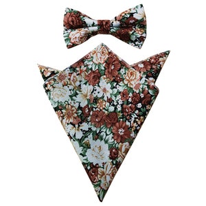 Rust Brown white Green Floral Pre-tied Bow tie pocket square set floral flower bowtie wedding bowties groomsmen mens floral wedding Bow tie+ps set