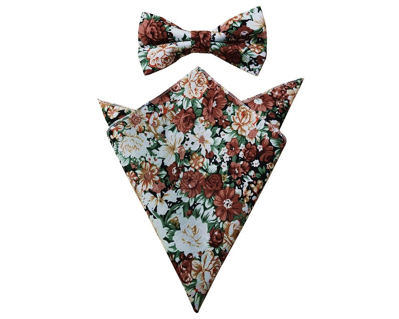 Rust Brown white Green Floral Pre-tied Bow tie pocket square set floral flower bowtie wedding bowties groomsmen mens floral wedding Bow tie+ps set