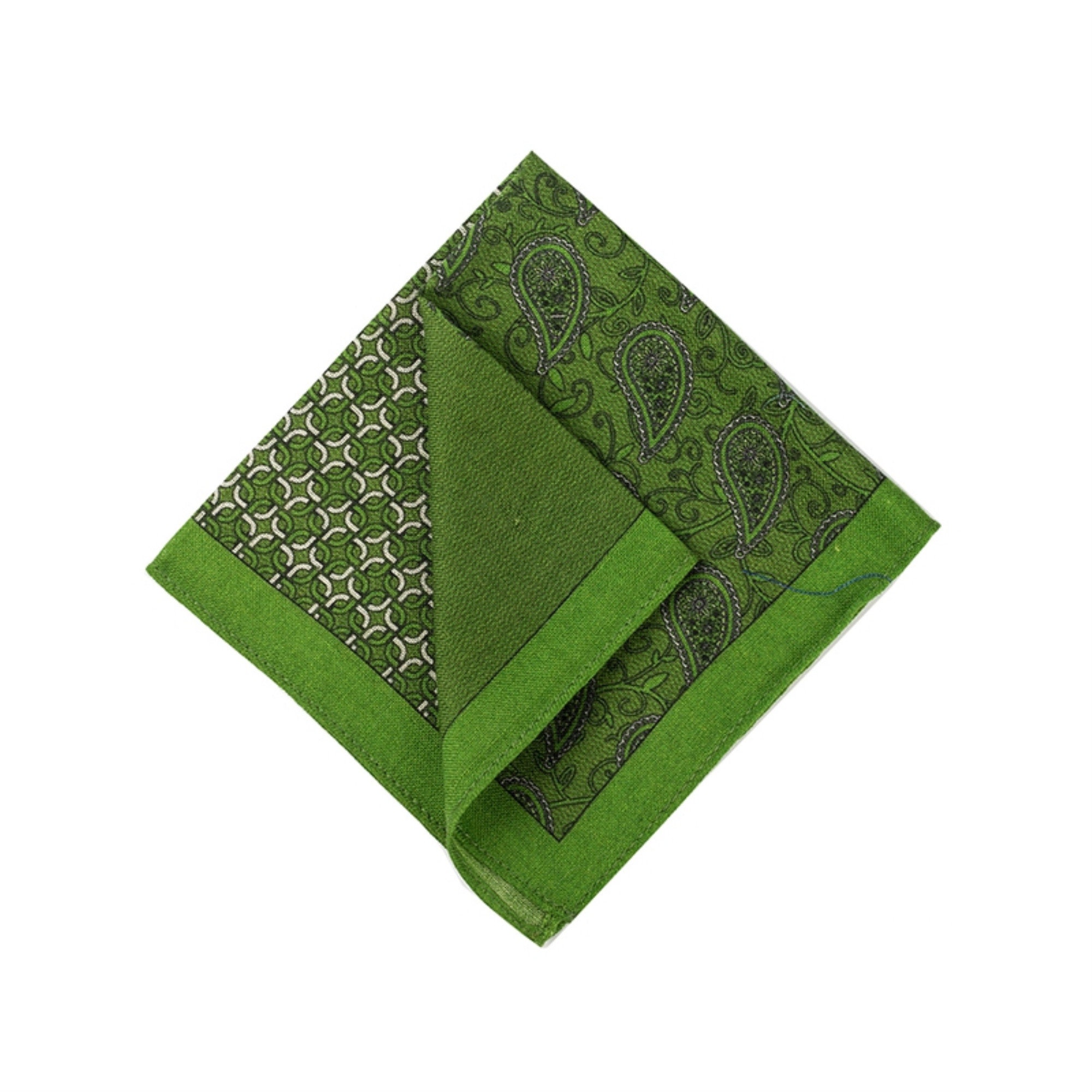 Green Wool Pocket Square: Four-Pattern Border, Handmade