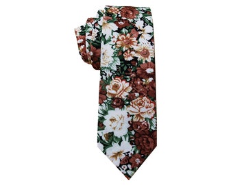 Brown white Green Floral Skinny Tie | Pocket Square| floral tie | flower necktie | Rust Bow tie |wedding rose tie |groomsmen
