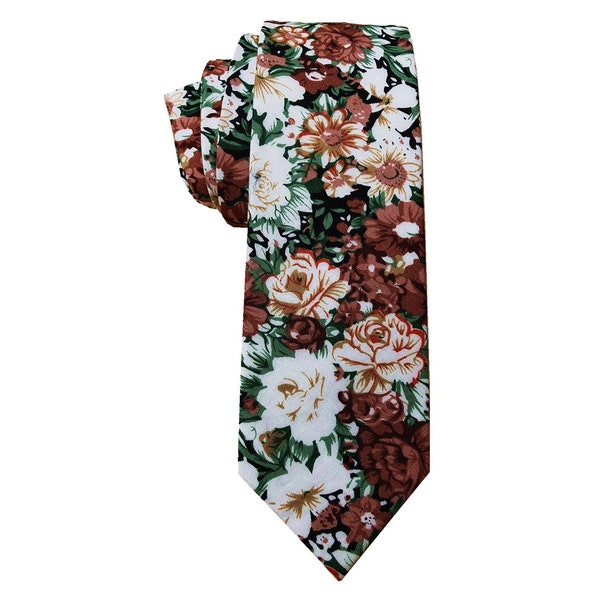 Brown white Green Floral Skinny Tie | Pocket Square| floral tie | flower necktie | Rust Bow tie |wedding rose tie |groomsmen