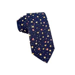 Midnight Blue with Yellow Floral Skinny Tie | Pocket Square| floral tie | flower necktie | Navy Bow tie |wedding rose tie |groomsmen