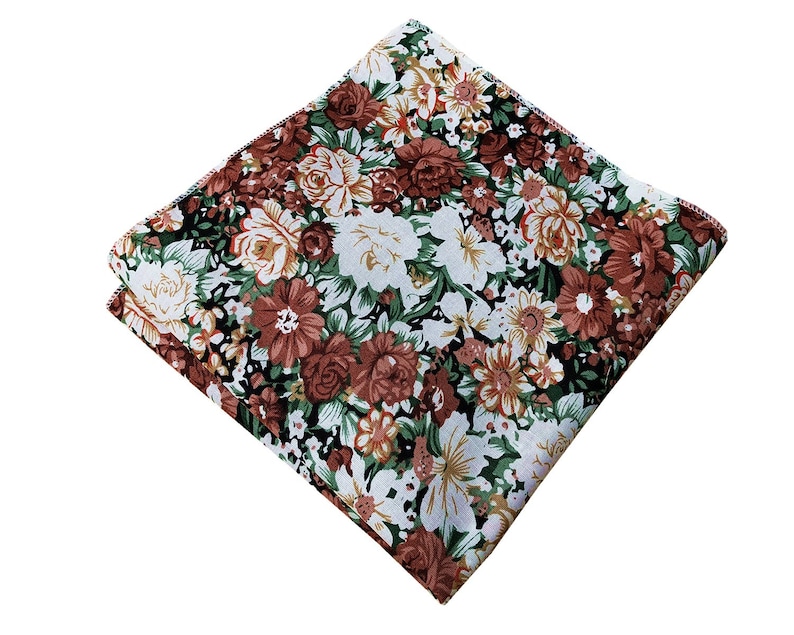 Rust Brown white Green Floral Pre-tied Bow tie pocket square set floral flower bowtie wedding bowties groomsmen mens floral wedding Pocket square