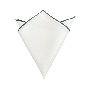 White Linen Pocket Square: Dark Green Border, Wedding Hanky