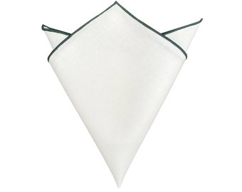 White Linen Pocket Square: Dark Green Border, Wedding Hanky
