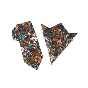 Brown with orange floral tie | Rust Skinny Tie  | Pocket Square | floral Necktie | flower untied bow tie | untied tip bowtie |wedding tie