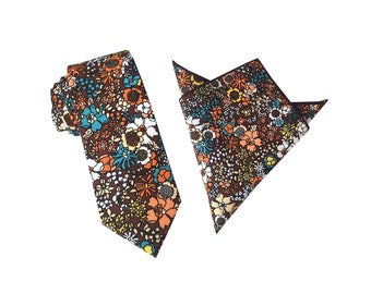 Brown with orange floral tie | Rust Skinny Tie  | Pocket Square | floral Necktie | flower untied bow tie | untied tip bowtie |wedding tie