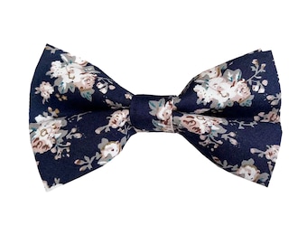 Midnight Blue Floral Bow Tie: Cotton Wedding Groomsmen Bowtie