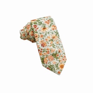 Orange Floral Cotton Necktie: Sage Green Wedding Tie