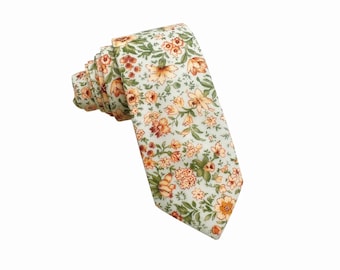 Orange floral tie Sage green Cotton Skinny Tie Wedding Necktie Wide Neckties Necktie Wedding Tie. Groomsmen Gift for Wedding