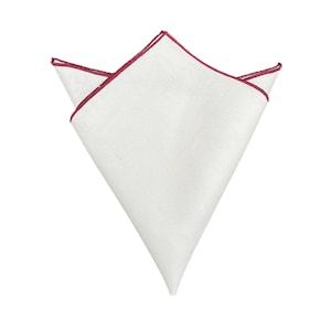 White Linen Pocket Square Maroon Border Pocket Squares Plain white Hanky Wedding Formal