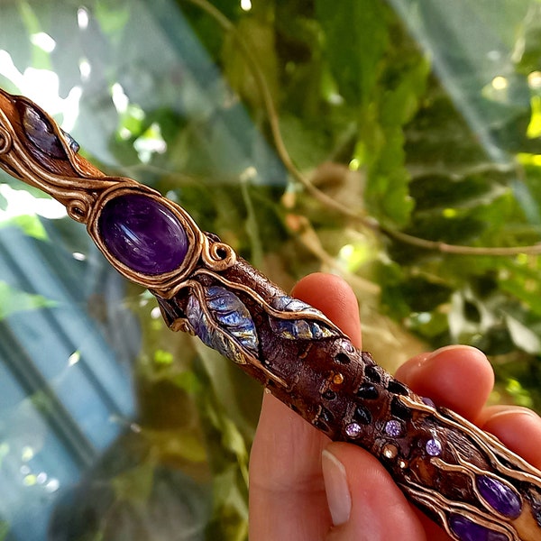 Amethyst Magic Wand, Tigers Eye Crystal, Wooden Witchy Stick, OOAK, Handmade Only
