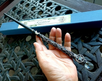 Magical Wand Pentacle and Moon. Black and Silver. Wiccan Wand. Fantasy and Magic.