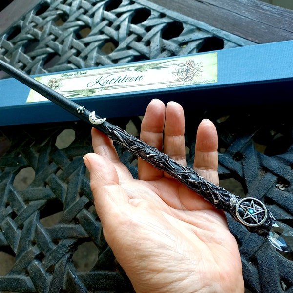 Magical Wand Pentacle and Moon. Black and Silver. Wiccan Wand. Fantasy and Magic.