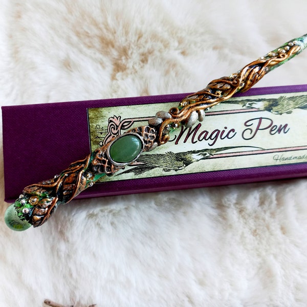 Magic Pen with Aventurine Crystal, Green Witch Altar Tools, for Wizards Only